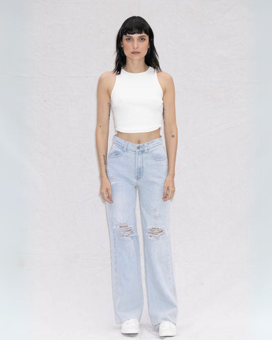 Jeans Bota Ancha Wide Leg Azul Rotos | Bahía WAARA